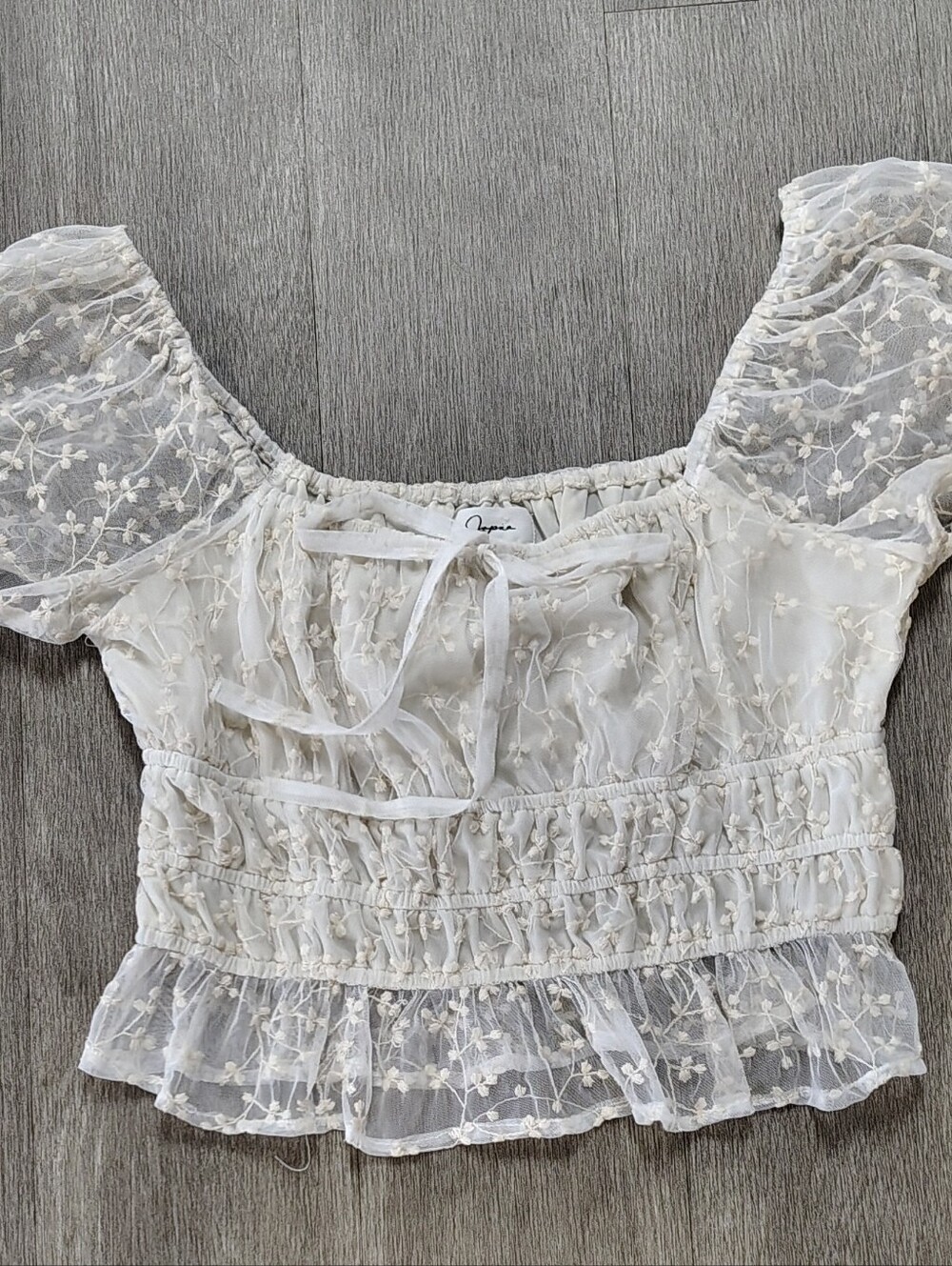 Fairycore Ivory Mesh Floral Lace Smocked Peasant Puff Sleeve Crop Japna Top Sz L